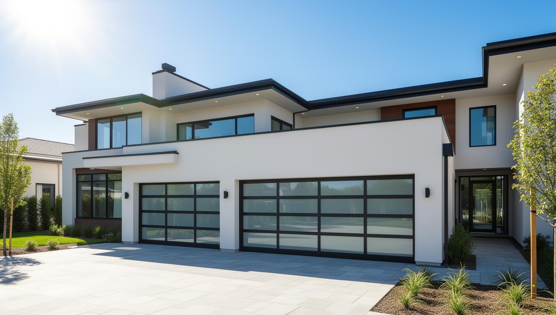 Modern contemporary house with aluminum garage doors featuring full glass panels